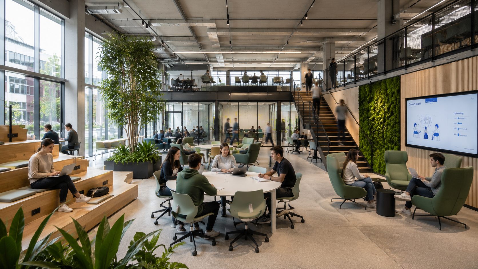 Espace informel d'apprentissage avec gradins en bois, végétation et zones de travail collaboratif