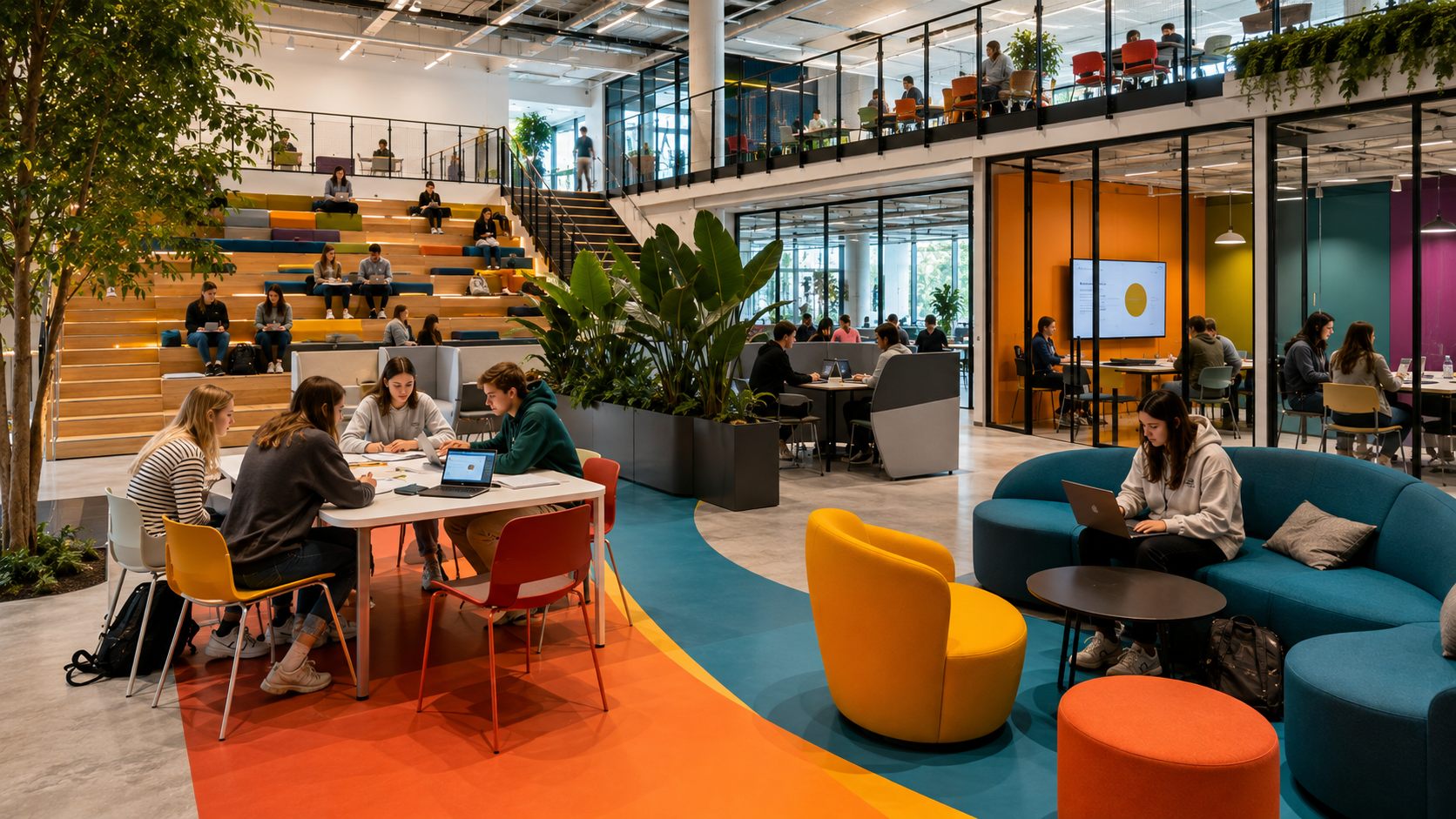 Espace modulable avec gradins colorés, mobilier mobile et zones de travail flexibles